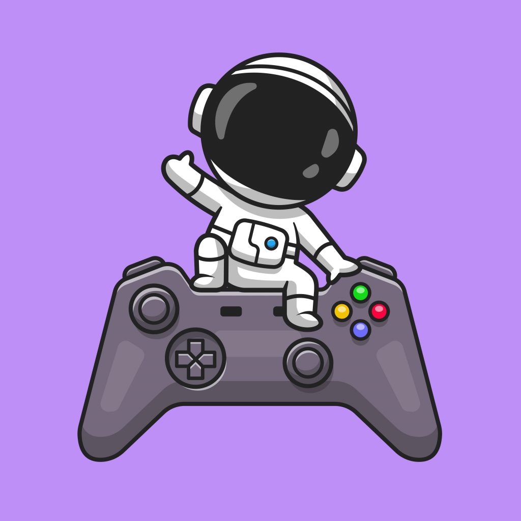 Cute Astronaut Waving Hand On Game Controller Cartoon Vector Icon Illustration. Technology Science Icon Concept Isolated Premium Vector. Flat Cartoon Style