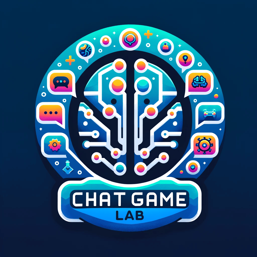 Logo von ChatGameLab. Dunkelblauer Hintergrund. Darauf in hellerem Blau ein Kreis und darin noch angedeutet die Formen eines Gehirns. In Kreis und Gehirn weiße Verbindungslinien zwischen verschiedenen Symbolen, wie Sprechblasen oder Spielecontroller.