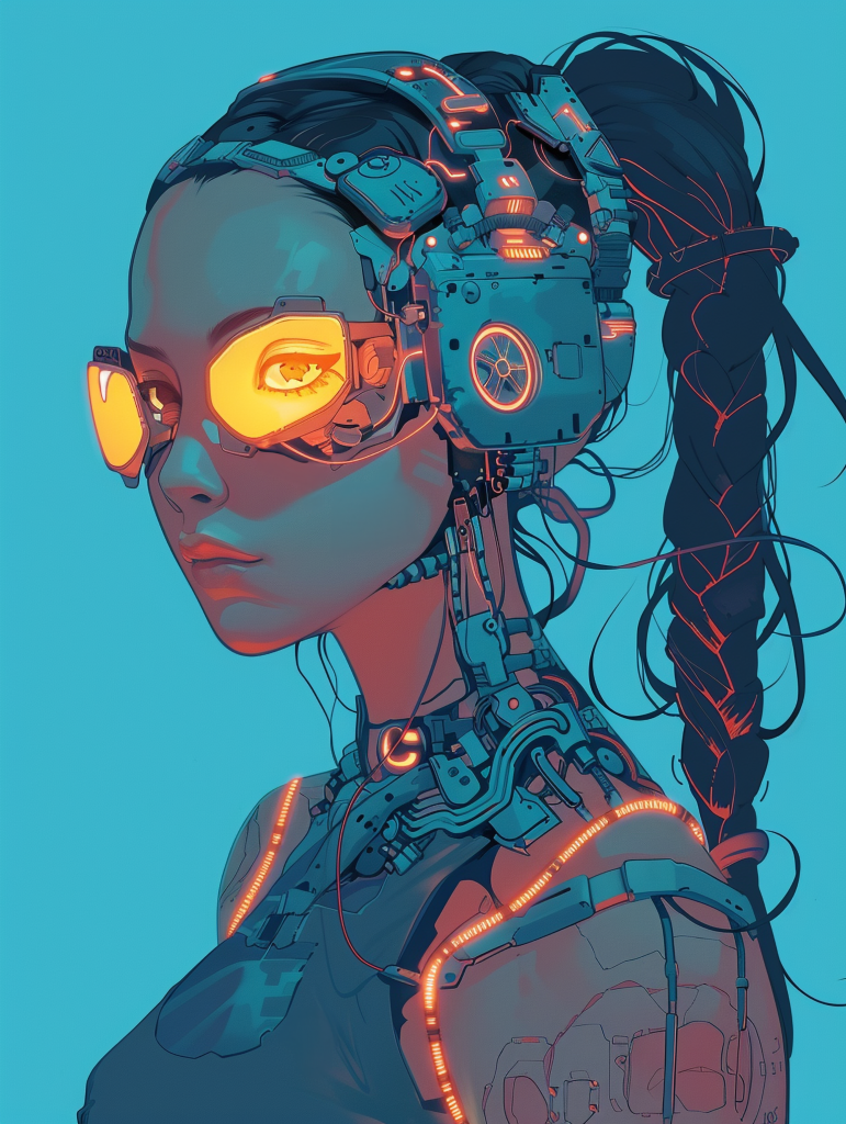 Porträt eines weiblichen Humanoiden mit Zopf und leuchtenden Drähten