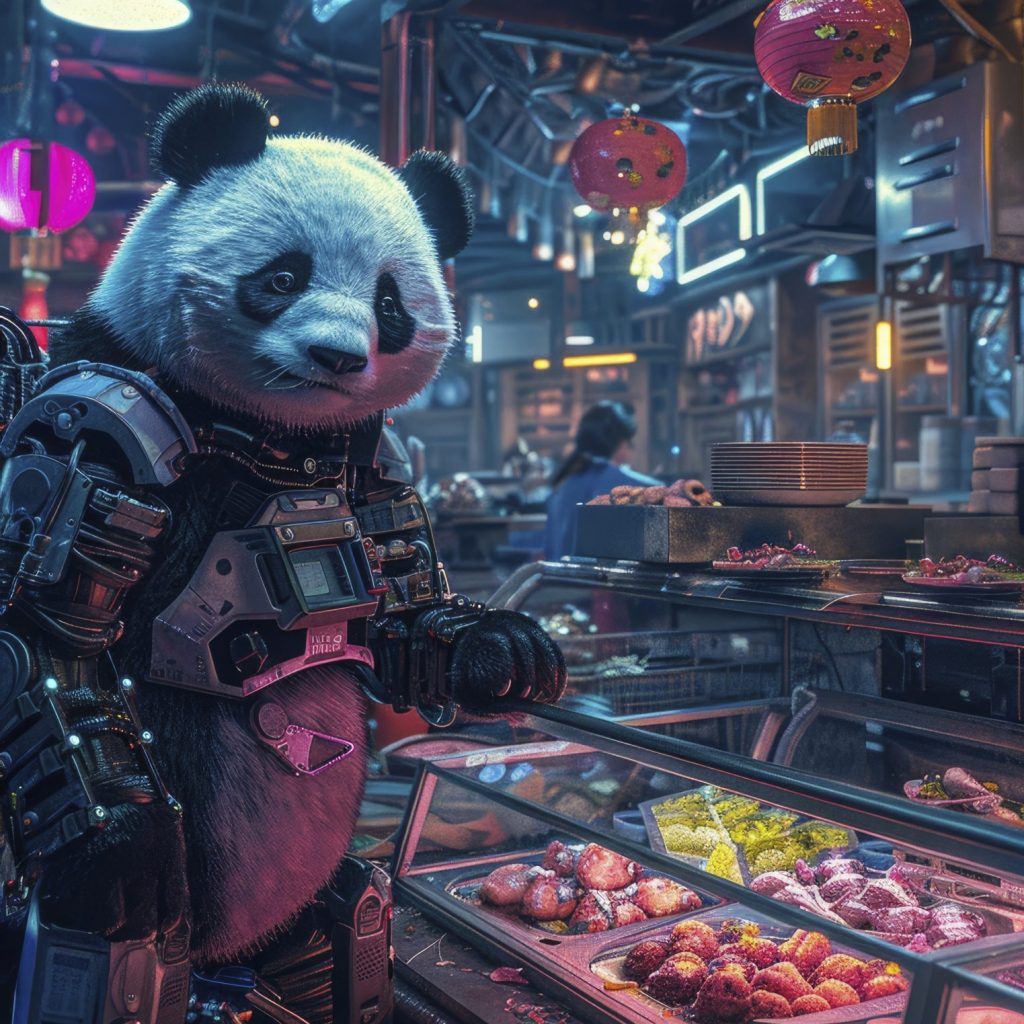 AI picture of a cyborg panda with a natural face and mechanized lower body, exploring a neon-lit themed cafe in Tokyo, with glowing food displays and unique decor.