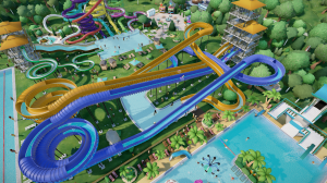 Ingame-Grafik aus dem Spiel Aquapark Tycoon. Blick aus Vogelperspektive auf einen Aquapark mit großen Wasserrutschen und Schwimmbecken.