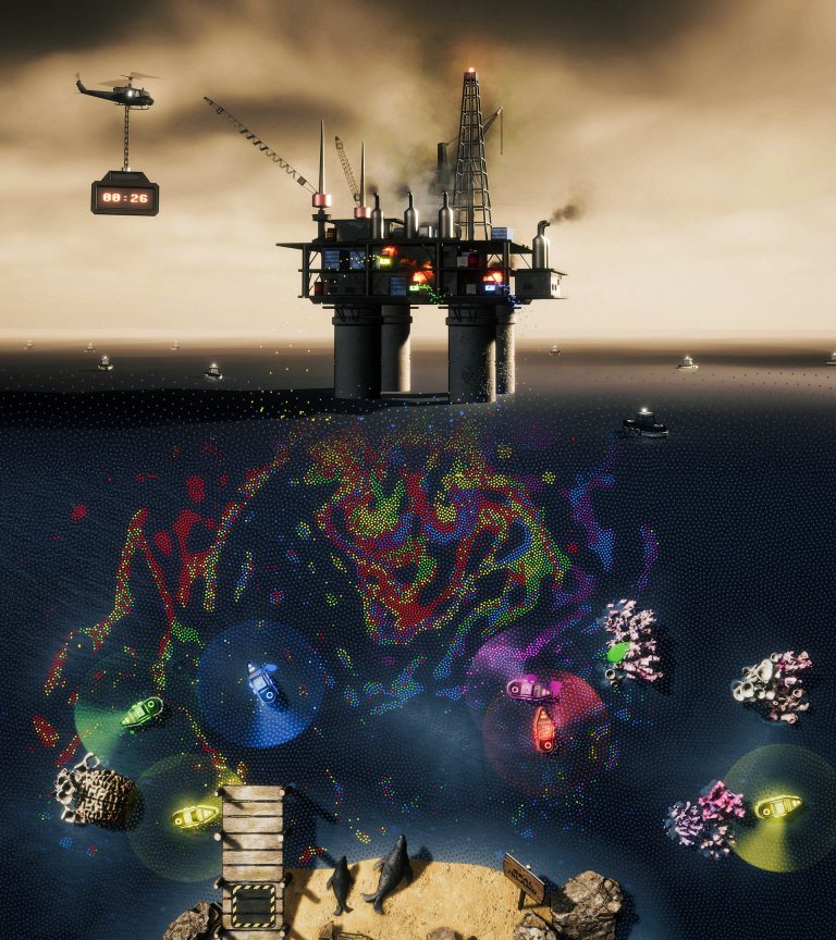 Bild der Installation "Black Tide Protocol". Man sieht im Hintergrund eine Ölplattform. Auf dem Meer vor der Platform wird ein Ölteppich in form von Bunten Pixeln dargestellt. Mehrere farbige Boote sind vor der Küste und zwischen Korallenfeldern unterwegs, um den Ölteppich einzuschränken.