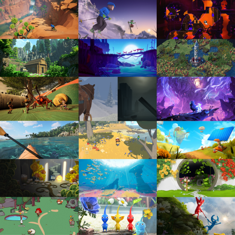 Collage aus Screenshots der 18 ausgestellten Spieletitel.