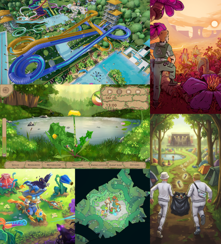 Collage mit Bildern aus den ausgestellten Spielen.