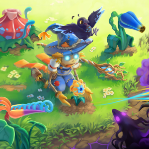 Grafik zum Spiel "Growing Wild". Eine hübsch gezeichnete Vogelscheuche hockt auf einer Wiese. Verschiedene größere Pflanzen wachsen neben ihr. Es sieht so aus, als hätte sie eine kleinere Pflanze vor sich gerade eingepflanzt. Auf dem Rand des Hutes der Vogelscheuche balanciert ein Rabenvogel. In der rechtsunteren Ecke des Bildes zeichnet sich eine Lila leuchtende Bedrohung ab.