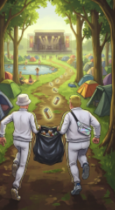 Pixelgrafik zum Spiel "Pfand Raiders". Zwei Menschen laufen mit einem Müllsack einen Pfad an Zelten entlang in Richtung einer Festivalbühne. Auf dem Pfad liegen Getränke-Dosen. Im Müllsack kann man auch Getränke-Dosen sehen.