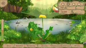 Ingame-Grafik aus dem Spiel VIVID. Blühender Löwenzahn vor einem Teich im Wald.