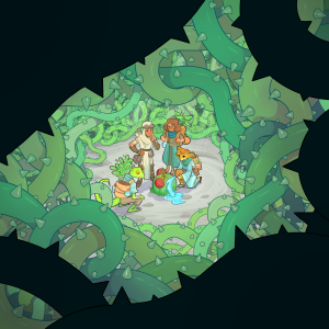 Grafik zum Spiel "Waters of Sal Naména". Zwei Menschen, ein humanoides Katzenwesen und ein Humanoides Reptilienwesen sind umgeben von Dornenranken. Sie stehen und hocken um ein Kaktus-Gewächs herum. Das Katzenwesen gießt eine Blaue Flüssigkeit aus einem Gefäß über das Gewächs.
