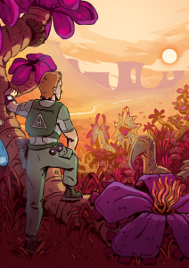 Bild zum Spiel "Black Demeter". Person in Schutzweste schaut über eine Fremdartige Landschaft in Richtung Horizont. Er lehnt an einem Fremdartigen Baum. Zu sehen sind auch Fremdartige Flora und Fauna.